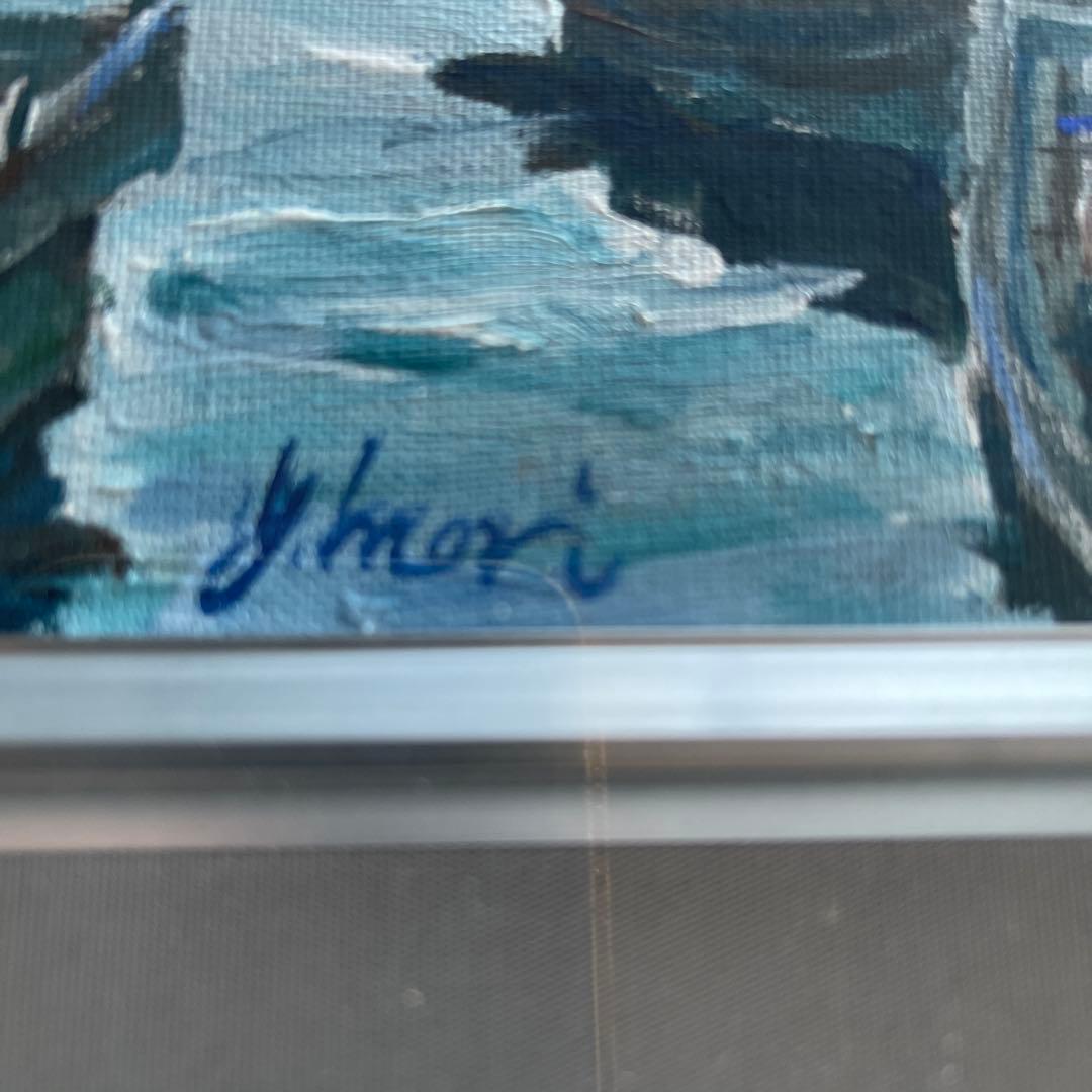 y.mori 港とボートの風景画　シルバー額縁