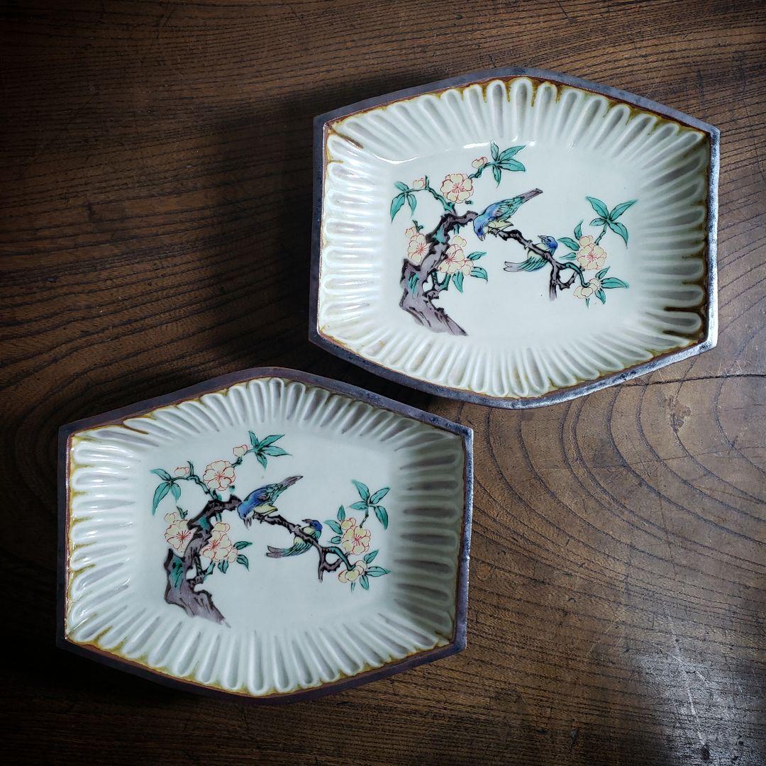 変形皿　角皿　舟形　古九谷　色絵付　鳥　明治　大正　銘　角福　二枚　上物　イ号