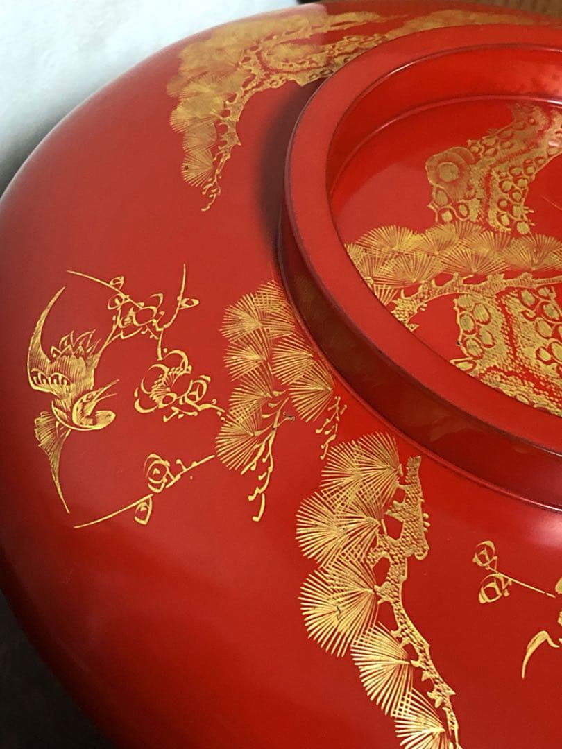 時代 蒔絵 朱塗り 金彩松竹梅 鶴亀 木製菓子鉢 合わせ箱付き