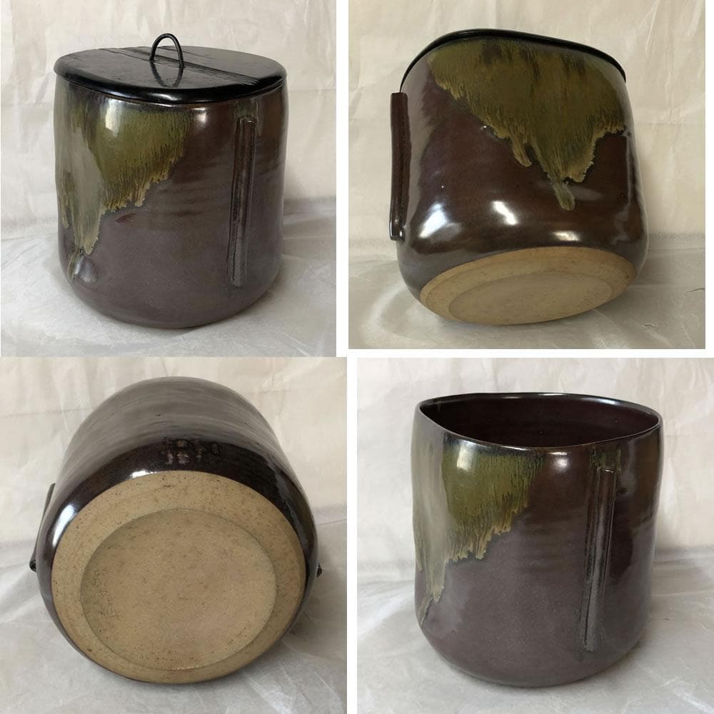 e2474 野間雅山 耳付 一重口水指 共箱 高取焼 宝珠窯 水指 花押 茶道具