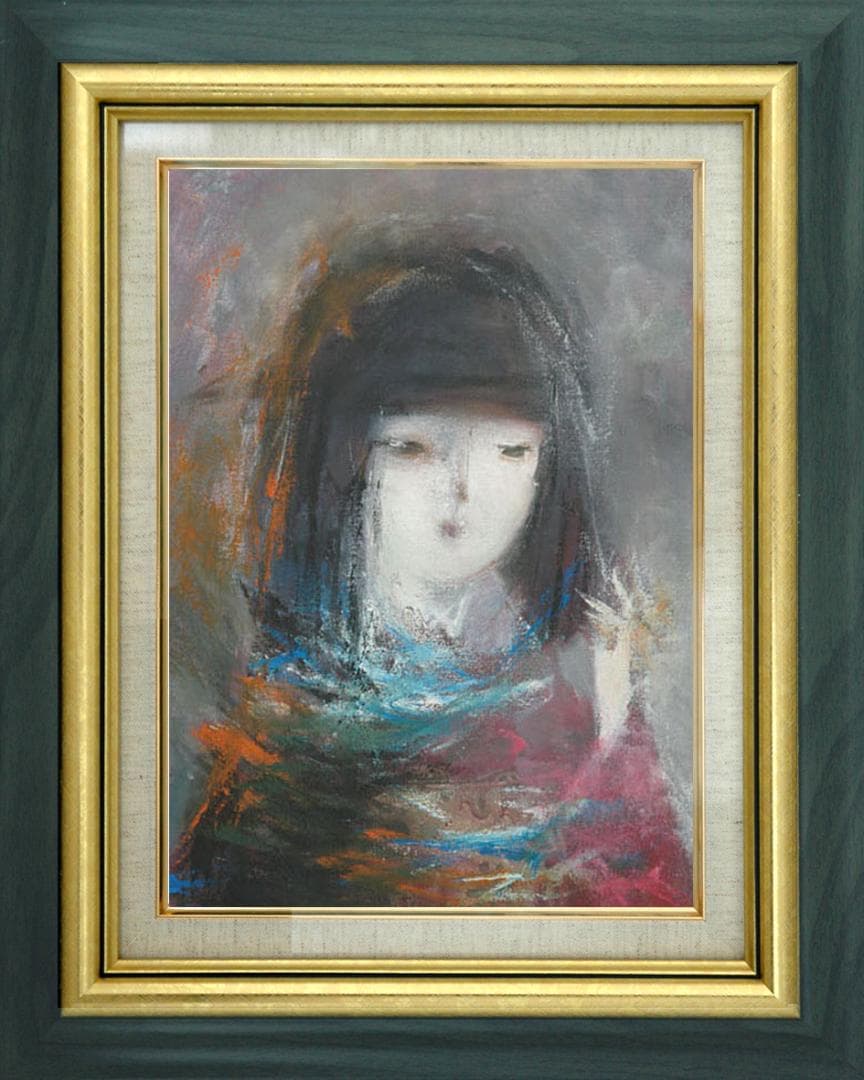 油絵 絵 絵画インテリア 額付(青緑＋金色の枠) F6-050513 人物女性像