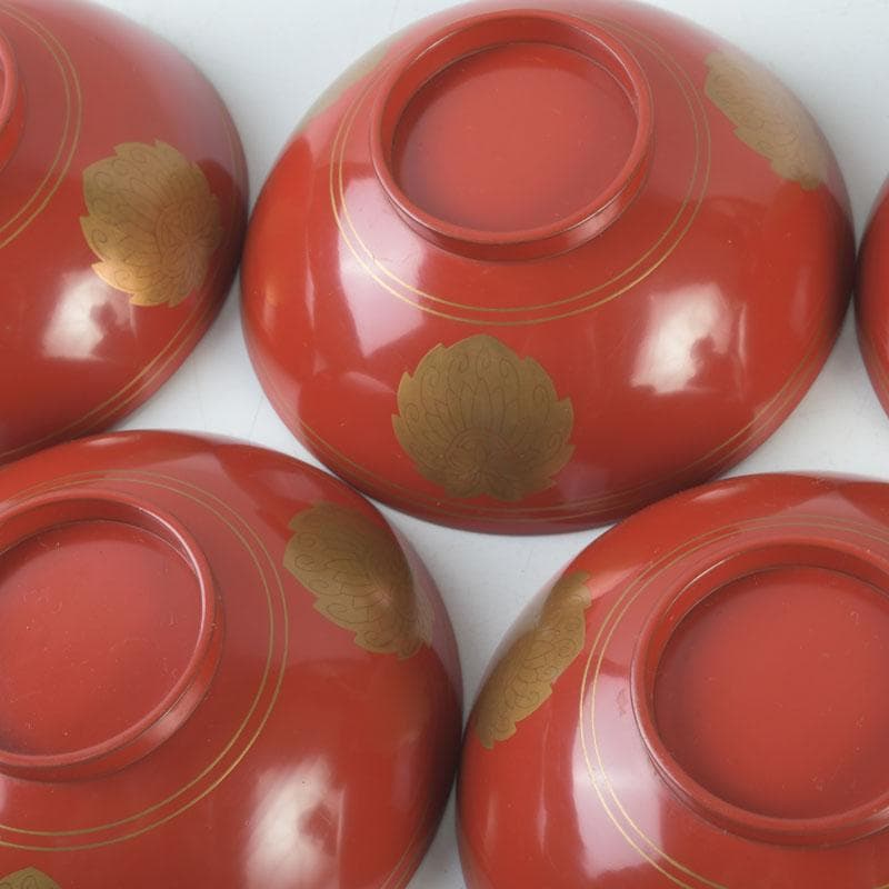 和食器　時代漆器　塗師　長野横笛作　金襴手花蒔絵　吸物椀　五客　共箱　C9788