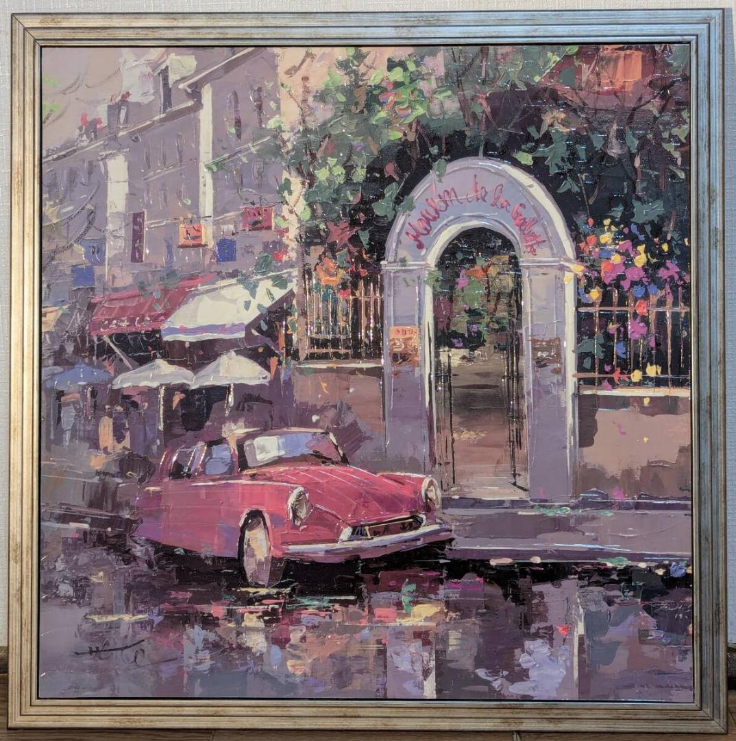 【真作】複製画　欧州風景画　赤いクラシックカーと街角の門　パリ風情　X54