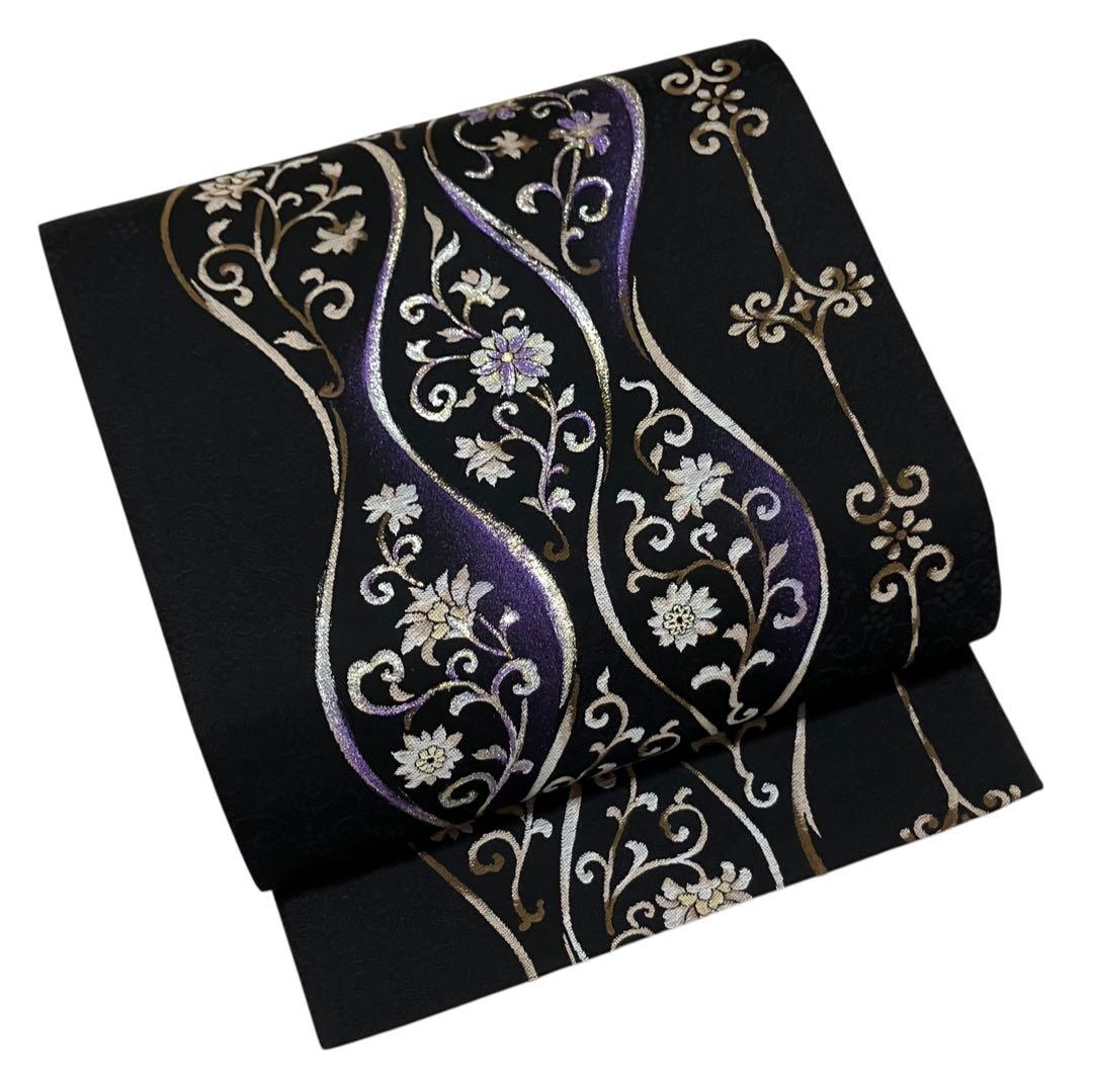 袋帯 六通柄 正絹 立涌風の花唐草文 葡萄の地紋 未使用 イ6513