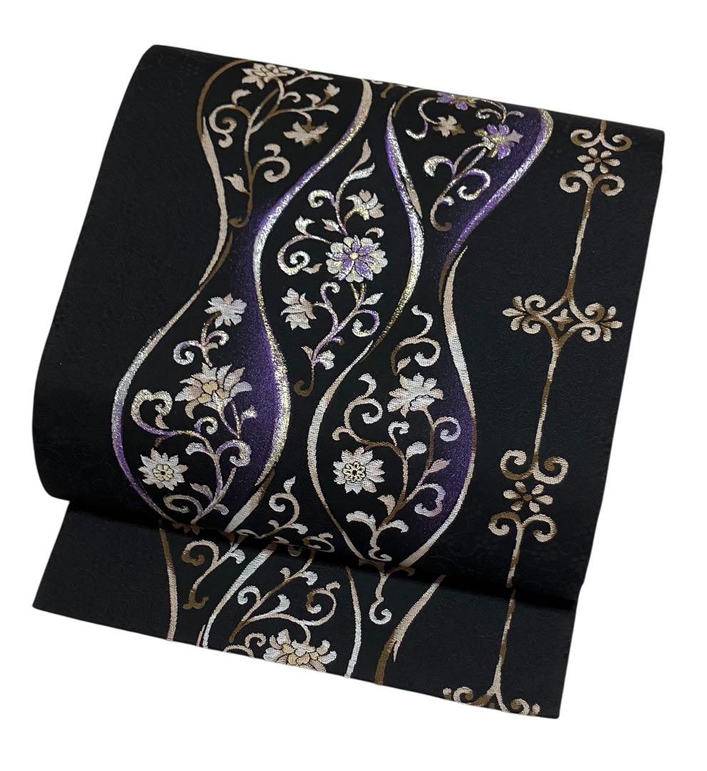 袋帯 六通柄 正絹 立涌風の花唐草文 葡萄の地紋 未使用 イ6513