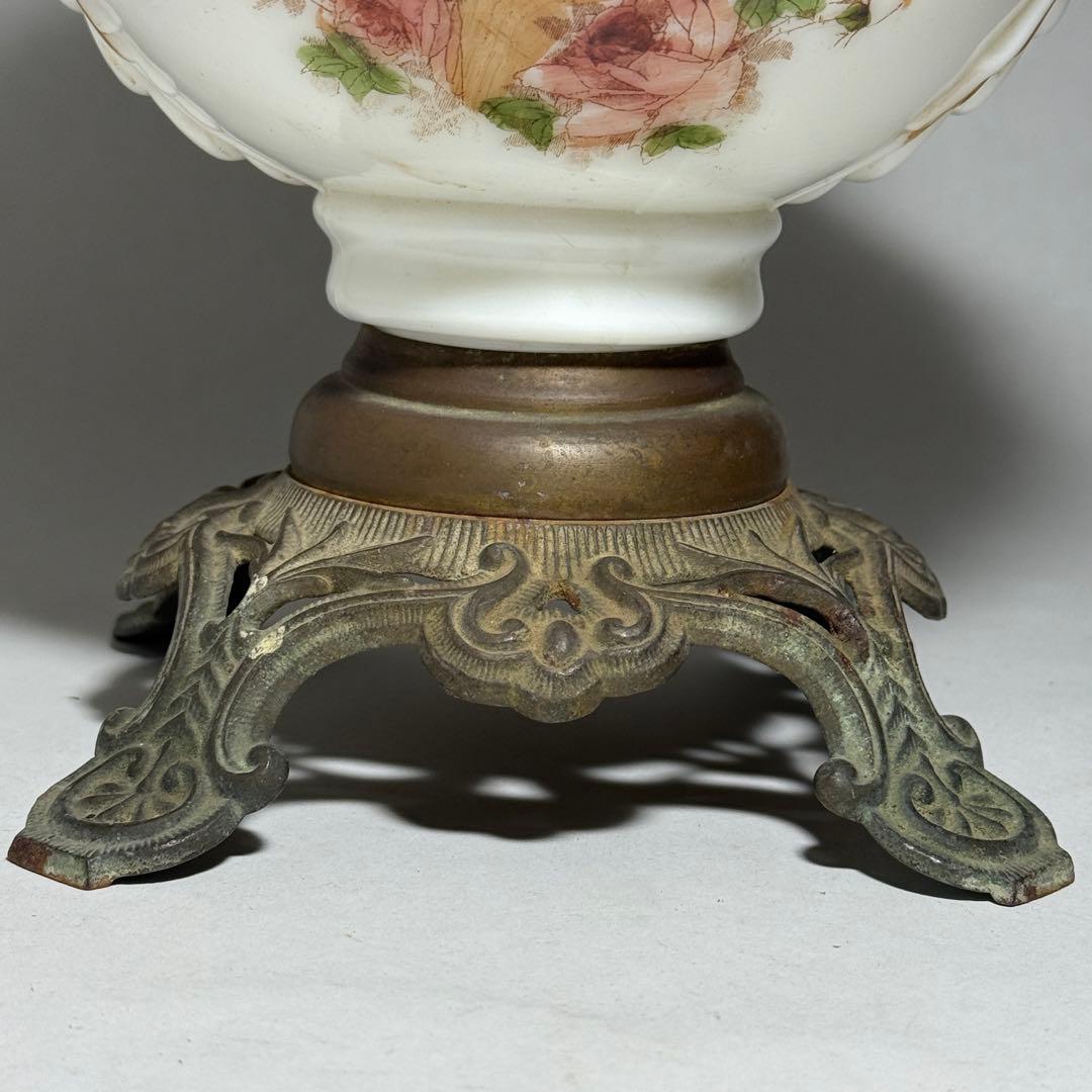 ◆希少 置きランプ 雷文擦り硝子火屋 ガラス絵乳白硝子オイル壺 明治時代◆