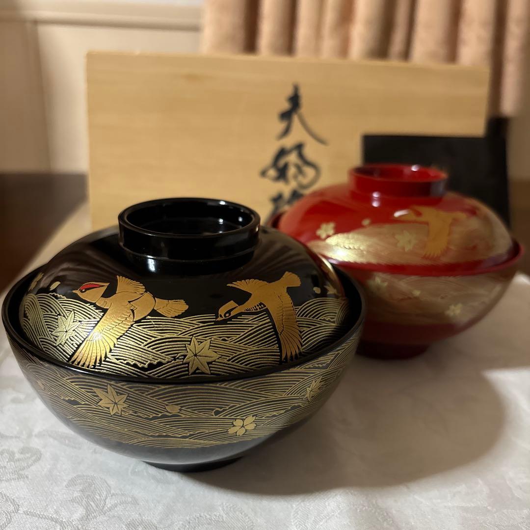 輪島塗 濱田屋 蓋付 椀 お椀 天野誠作 金彩 鶴　金蒔絵 木箱付 ペア 吸椀