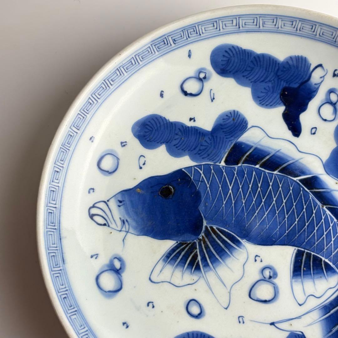 伊万里 染付 魚文 丸皿 骨董 皿 飾皿 絵皿 アンティーク