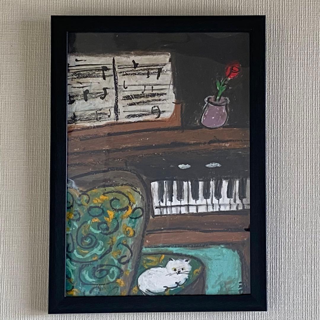 絵画。壁掛け原画【素敵なピアノ曲と椅子の上で寝たい猫】