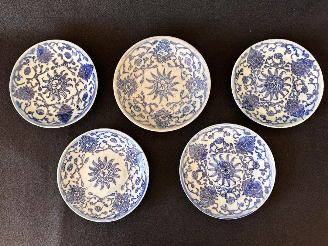 中国美術　清時代　染付花図中皿五枚セット　直径約17.5cm 古美術