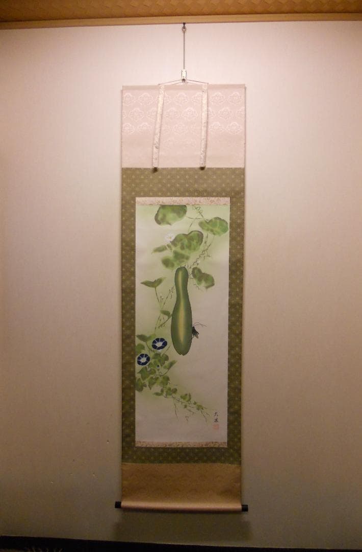 掛け軸 小川大鳳 作 『 糸瓜に朝顔 』 絹本 希少 軸装 茶道具 掛軸 美品