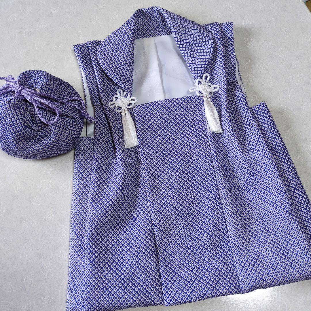 七五三３歳正絹総絞り手縫いの被布と巾着(被布丈47㌢）青色