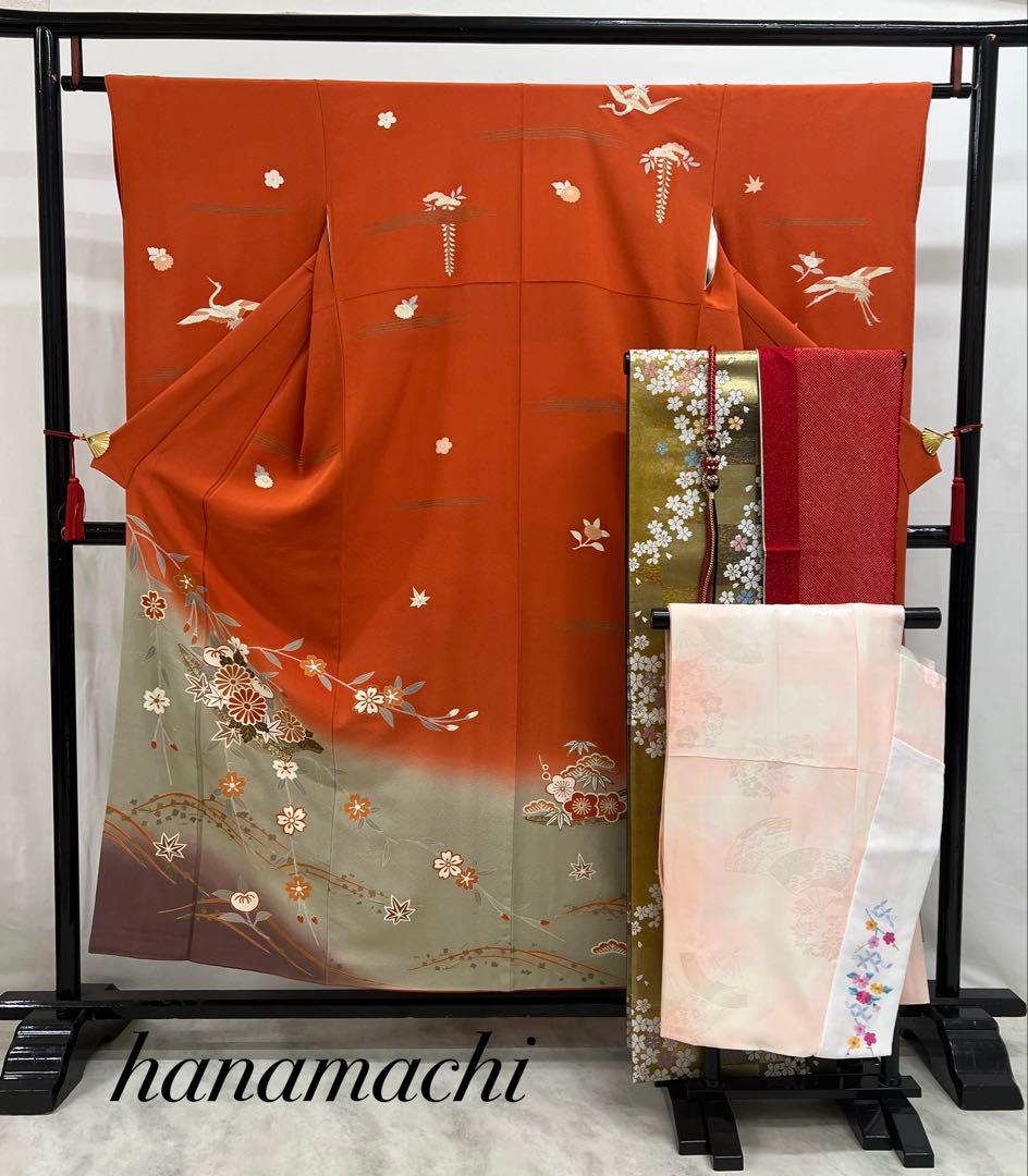 振り袖　フルセット　別誂長襦袢付　小柄な方に♪ オレンジ　振袖　金彩加工　627