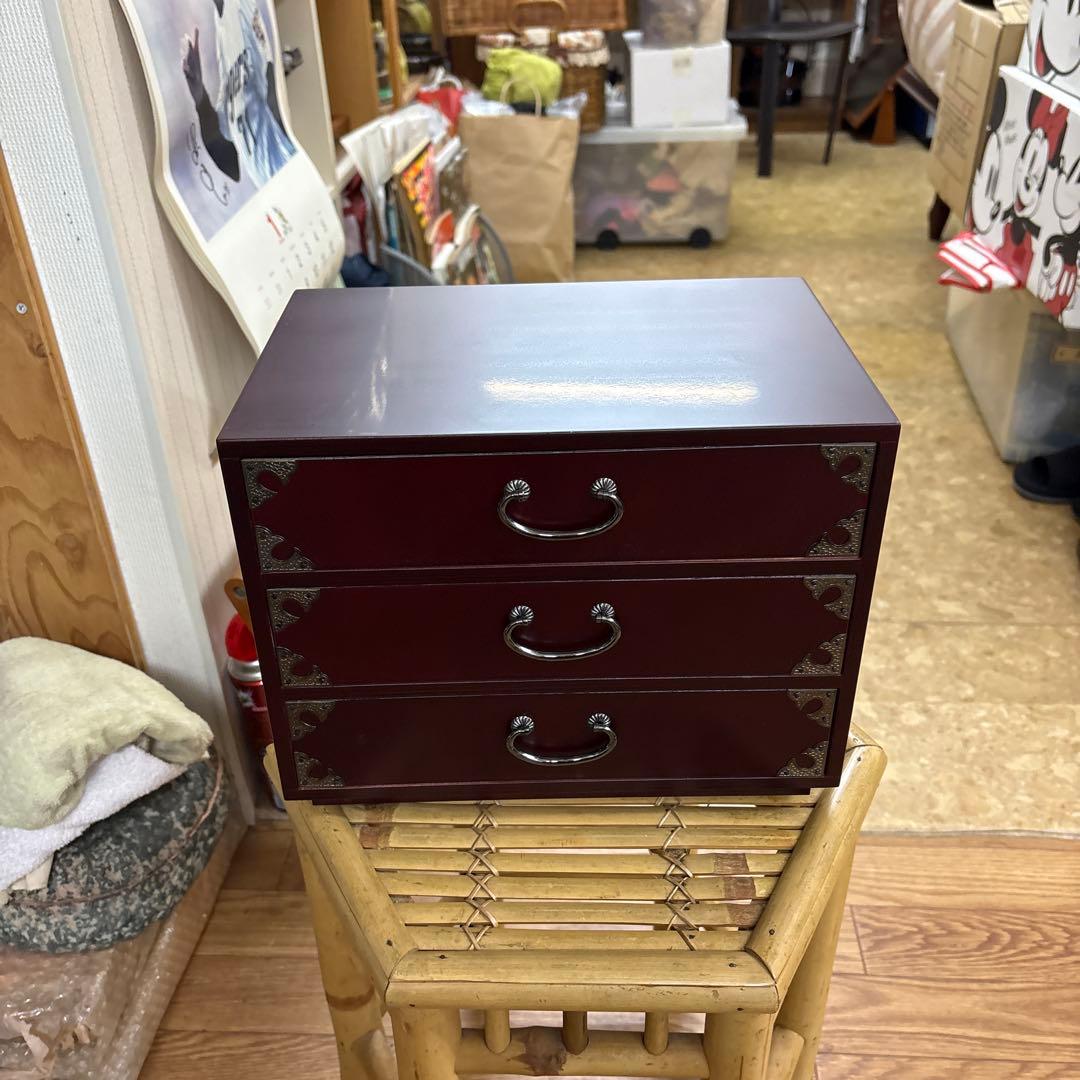 【美品・箱付】仙台箪笥 三ツ引 溜塗（ためぬり） 小物入れ 伝統工芸品