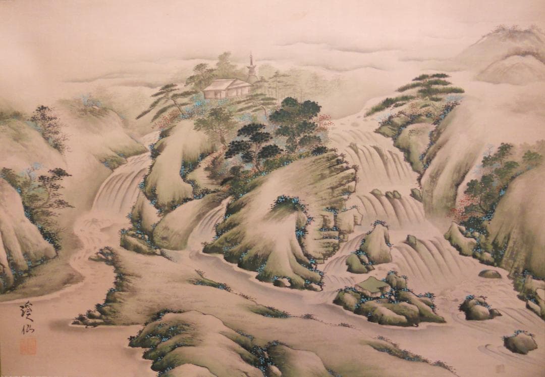 掛け軸 富田渓仙 彩色山水 絹本 希少 軸装 茶道具 掛軸 美品 です。