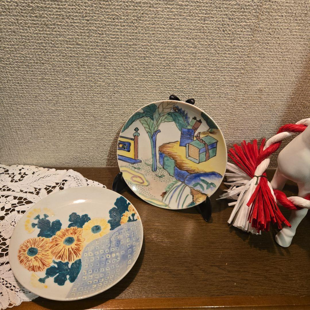 珍品 さかい焼 二代目金田新平 更さ色絵陶絵皿二枚