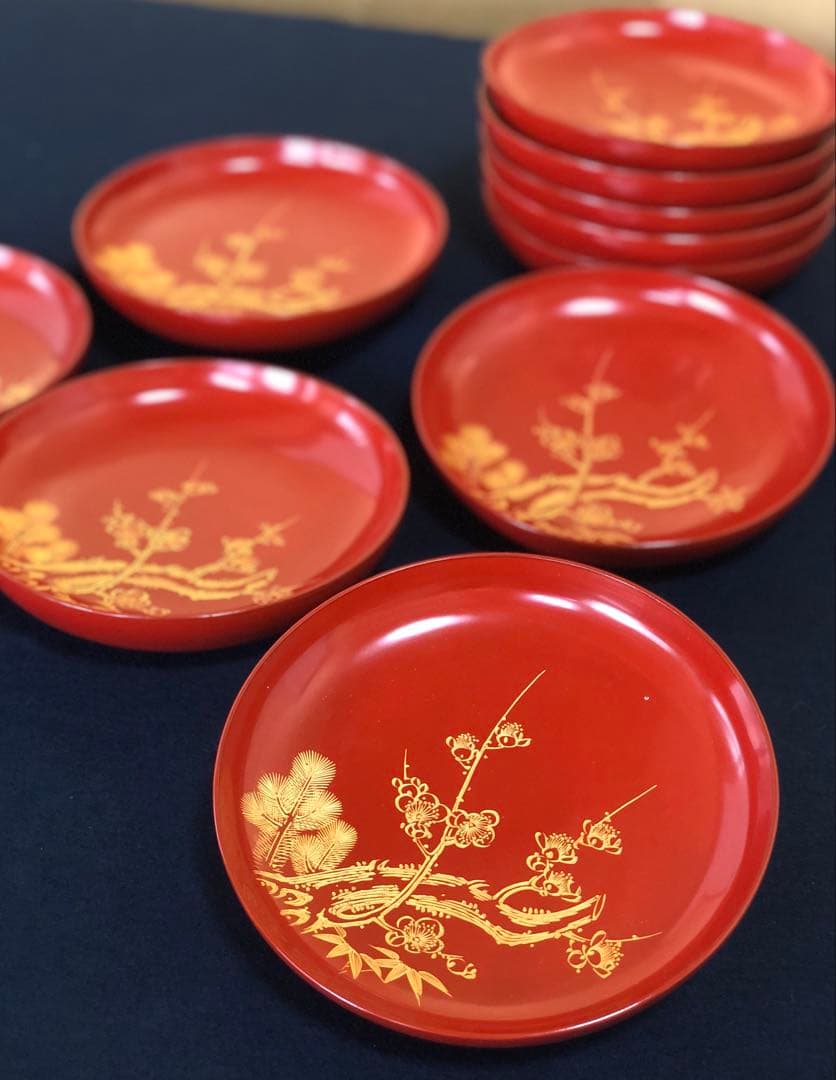 割引❗️《R》洗朱 沈金松竹梅図 銘々皿10客 木製漆器 250807F5