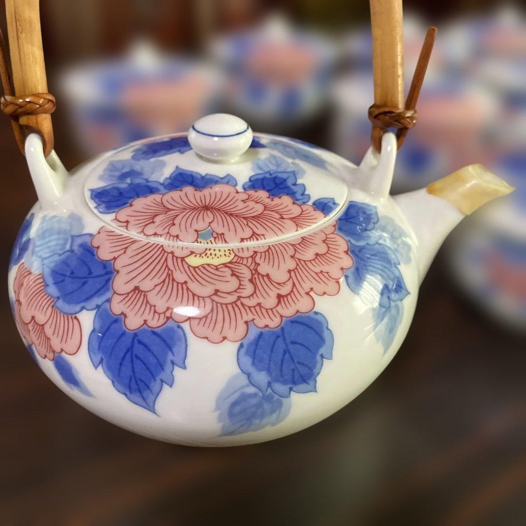 有田焼　有田有陶作　色牡丹絵柄　急須と蓋付き湯呑み10セット