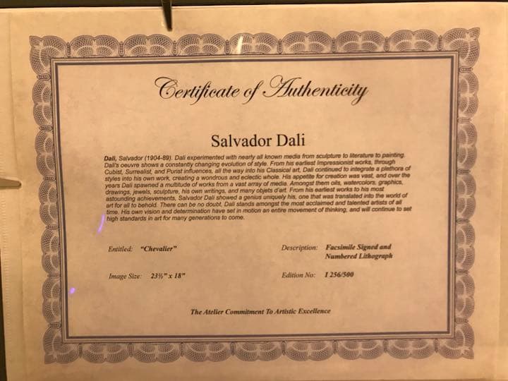 サルバドール・ダリ『騎士-シュバリエ-』証明書付き リトグラフ ダンボール梱包可