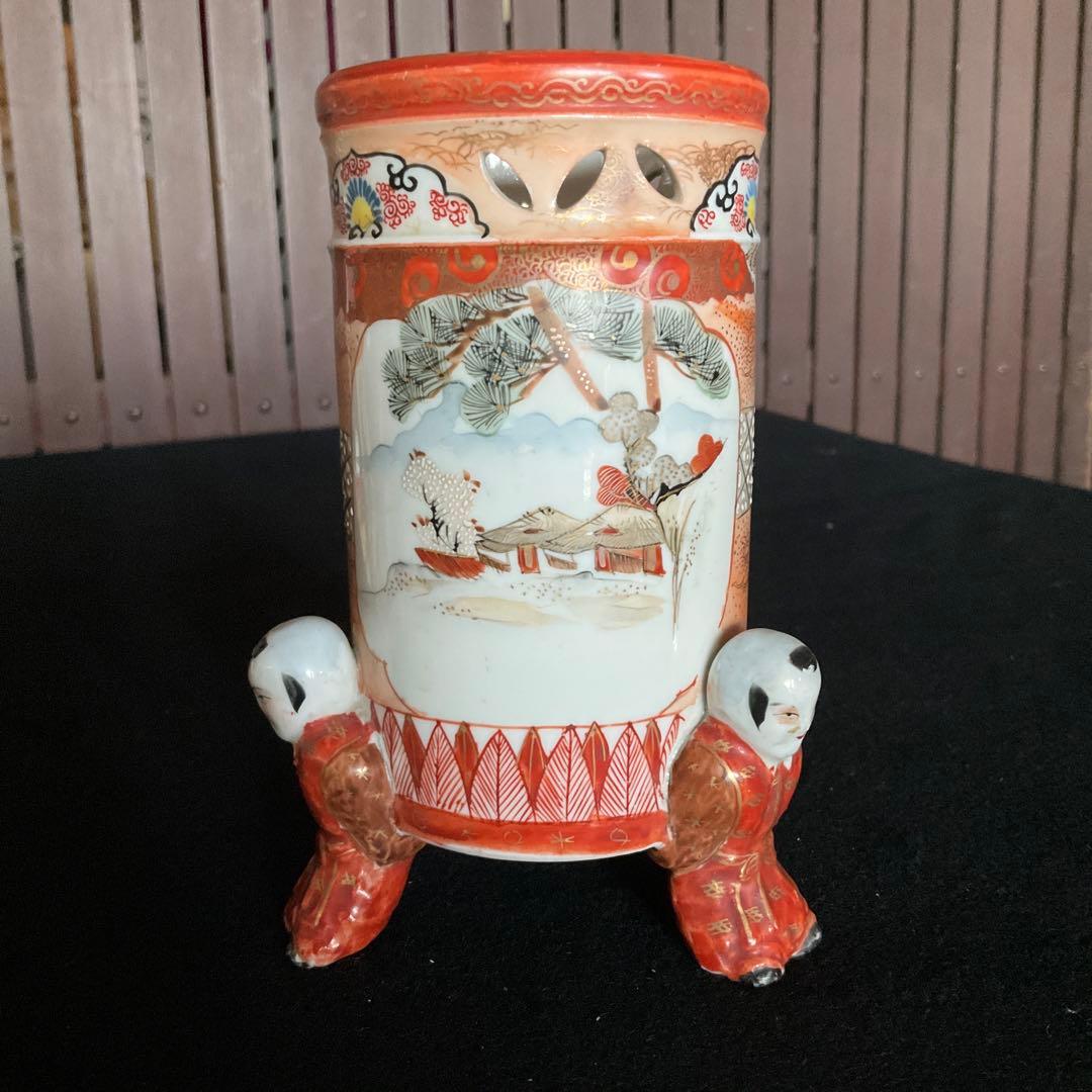 九谷焼　唐子三つ足筆筒　古九谷焼 赤絵金彩鳳凰文三つ足筆筒 九谷赤絵