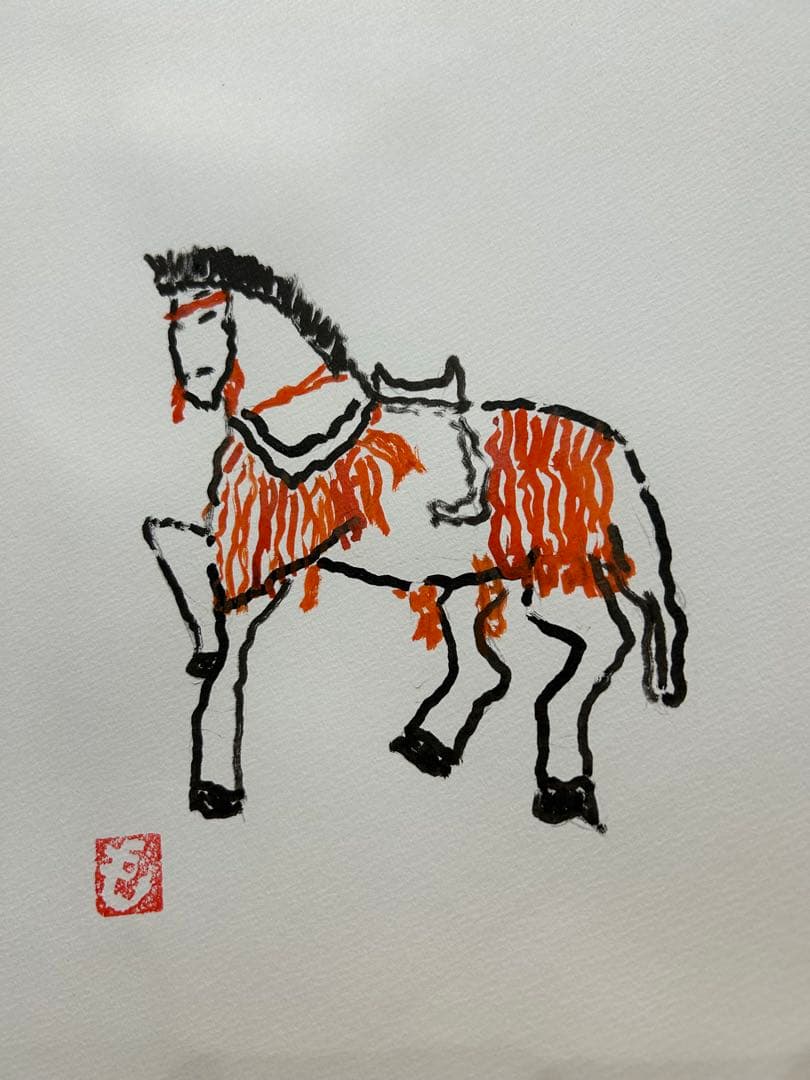 馬の水彩画 オレンジと黒