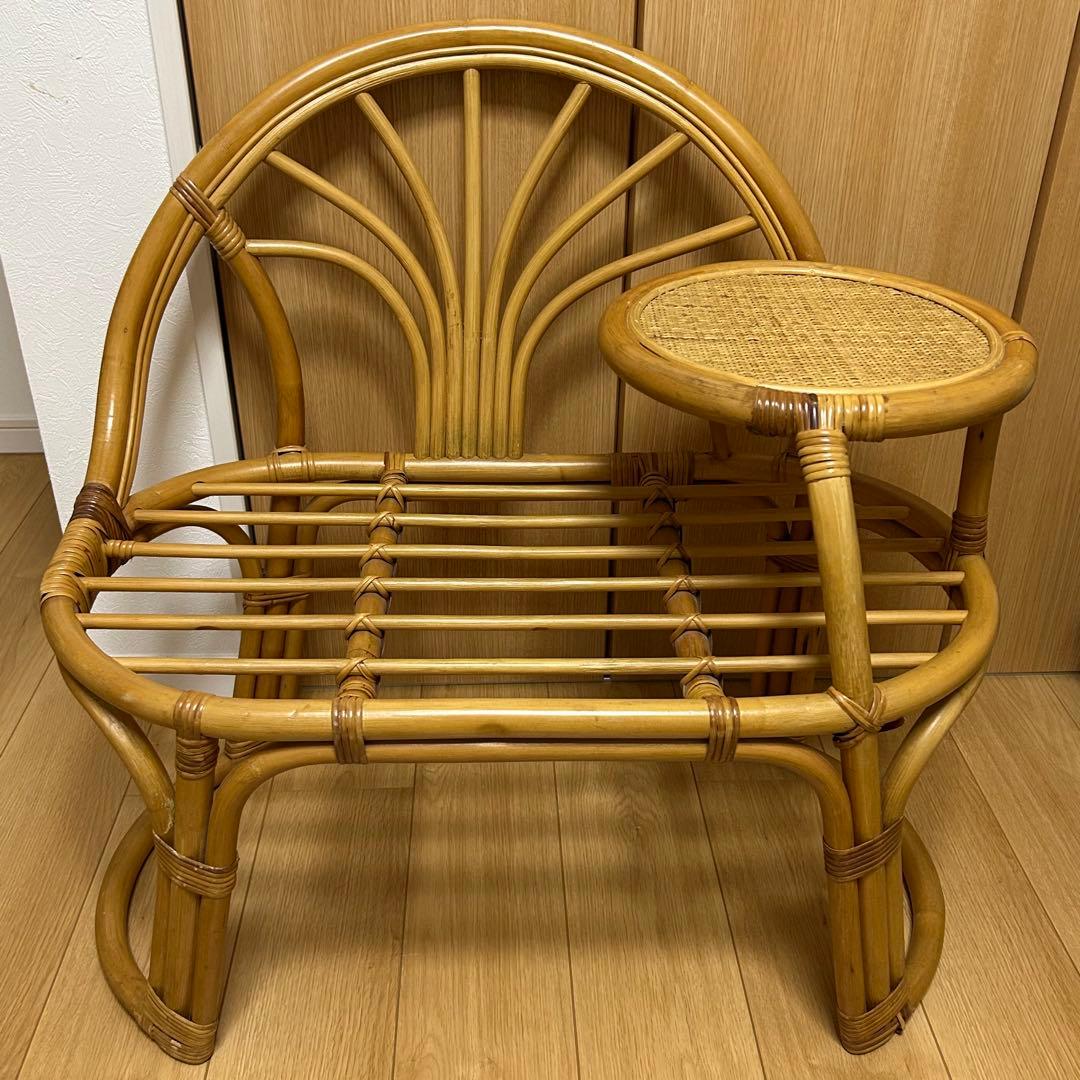 ラタン 椅子　サイドテーブル付き テレフォンベンチ 籐