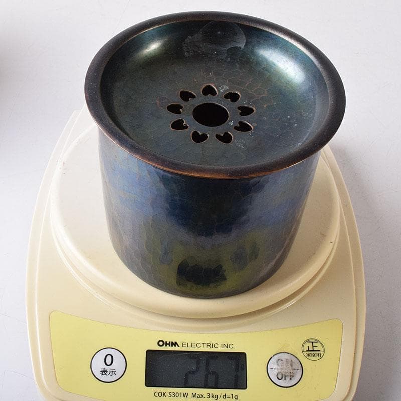 茶道具　鎚起銅器　玉川堂造　筒形蓋付建水　共箱　C　7583