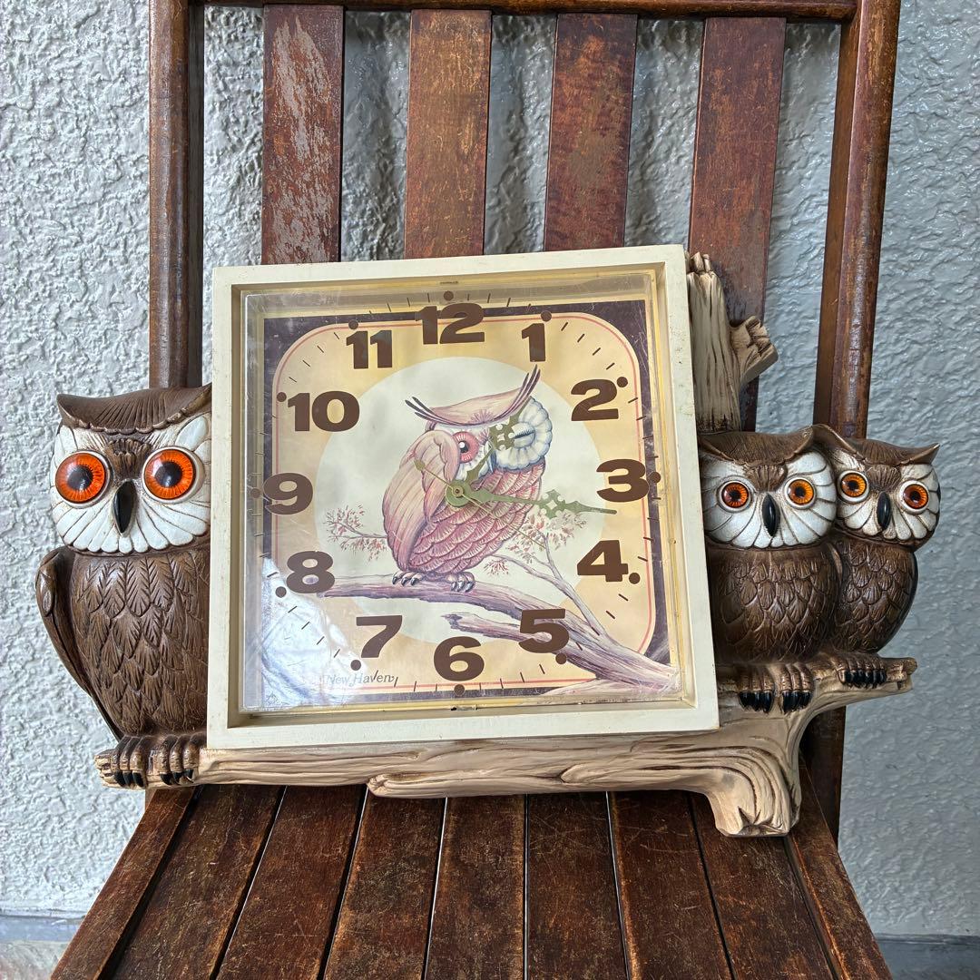 レアBIG！60s〜70s フクロウ親子の壁掛け時計　梟アメリカアンティーク雑貨