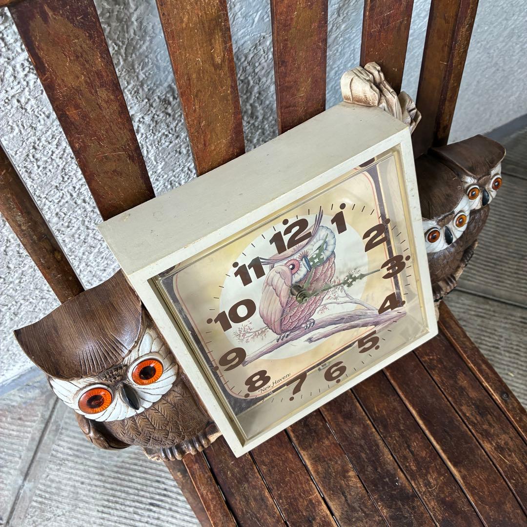 レアBIG！60s〜70s フクロウ親子の壁掛け時計　梟アメリカアンティーク雑貨