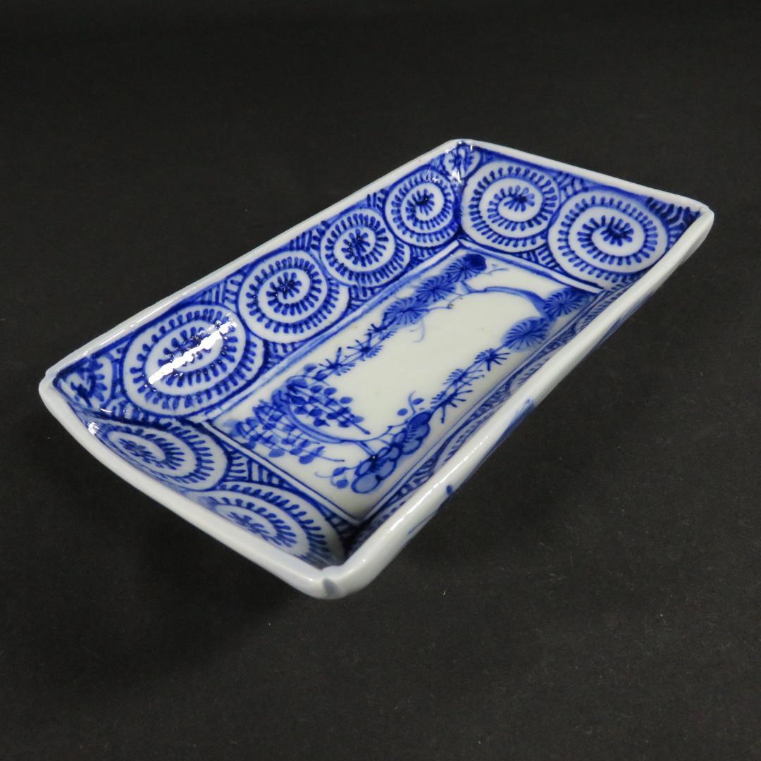 角皿 5枚 染付 古伊万里 江戸 明治 唐草 松竹梅 窯傷 歪み