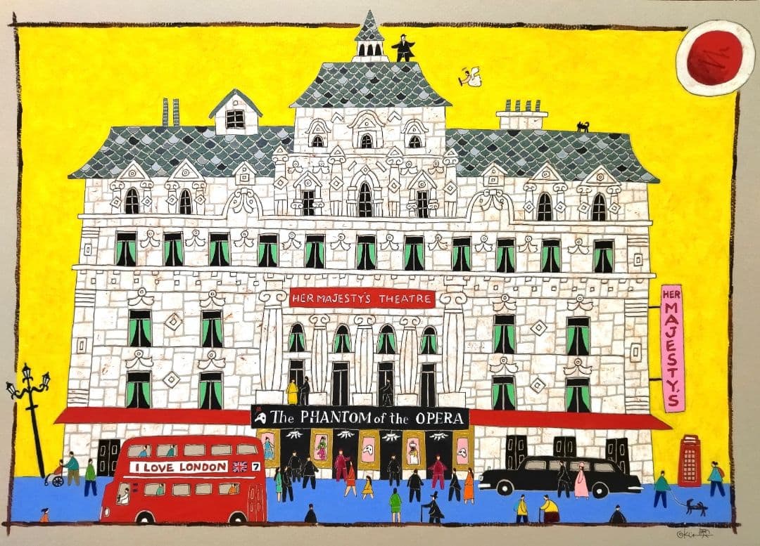 水彩画原画　ロンドンのミュージカル劇場、「オペラ座の怪人」上演中