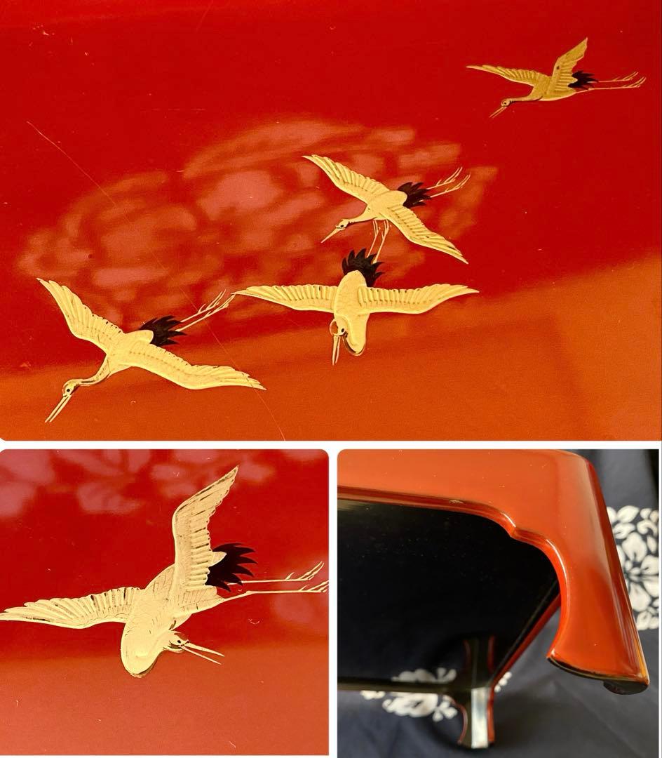 時代物　屠蘇器・重箱セット　木製漆器　朱塗り金蒔絵　鶴に松　縁起柄　長寿　木箱入