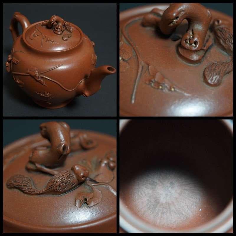 煎茶道具 萬寶款 粟鼠葡萄壺 細工彫り 後手紫砂壺 万宝造朱泥 急須茶器 茶道具
