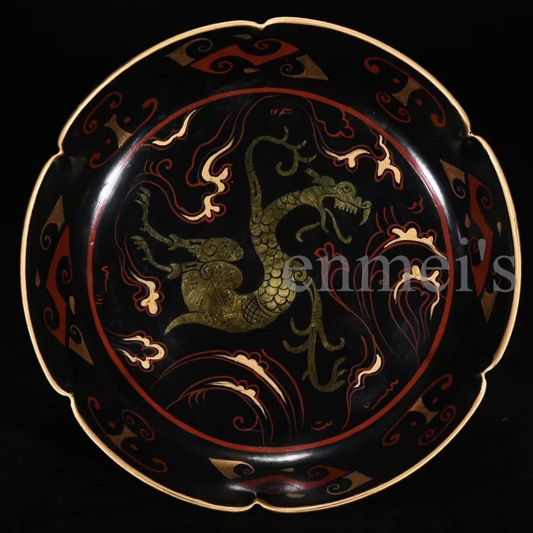中国古美術・宋汝窯風・鎏金龍文葵口皿・中皿・純手描き・置物・陶器・茶道具・文房具