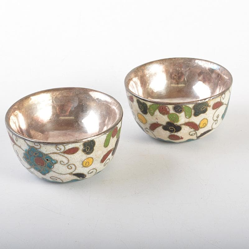 中国　唐物　古七宝内銀張　花草文　盃　一對　時代箱　M　6643