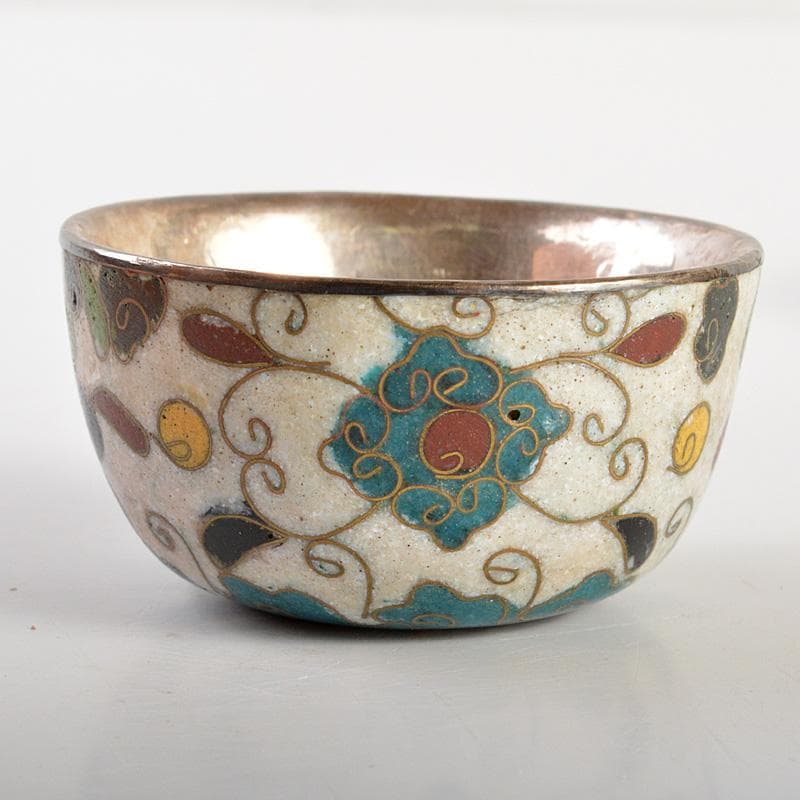 中国　唐物　古七宝内銀張　花草文　盃　一對　時代箱　M　6643