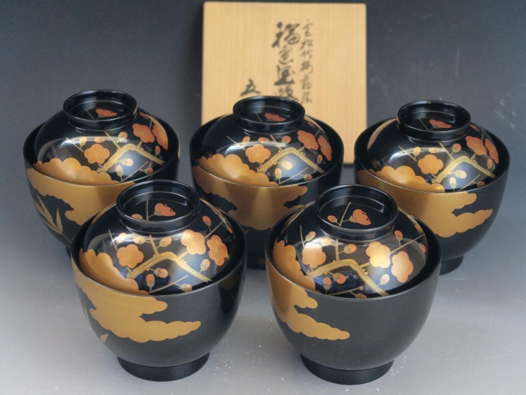 【輪島塗】雲松竹梅蒔絵 吸物椀 黒塗 五客揃 布着請負 天然木 共箱 美術漆器