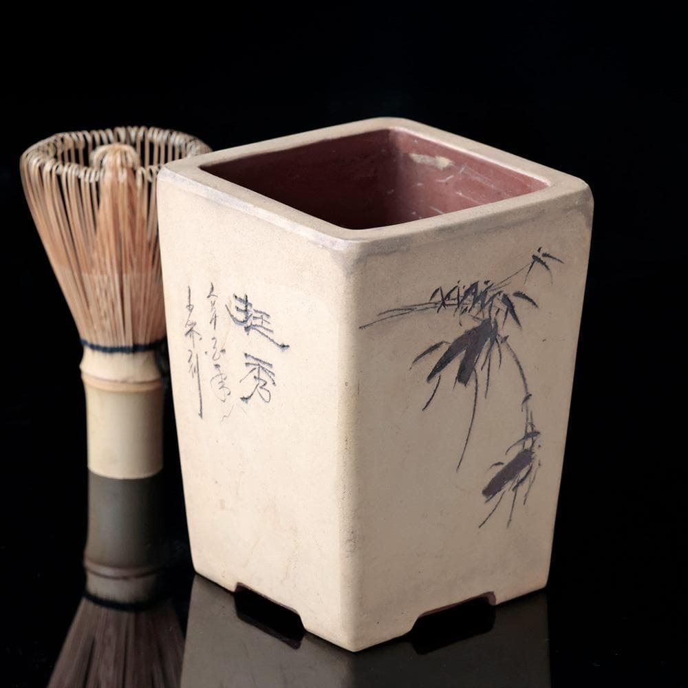 中国古玩 在銘 梅に笹 蟋蟀 漢詩紋 植木鉢 宜興紫砂 盆栽道具 中国美術