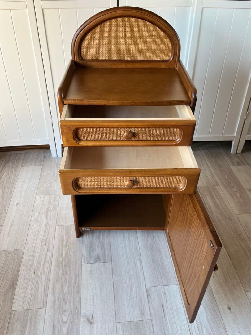 カリモク　電話台　収納　チェスト　ラタン風　レトロ　ビンテージ