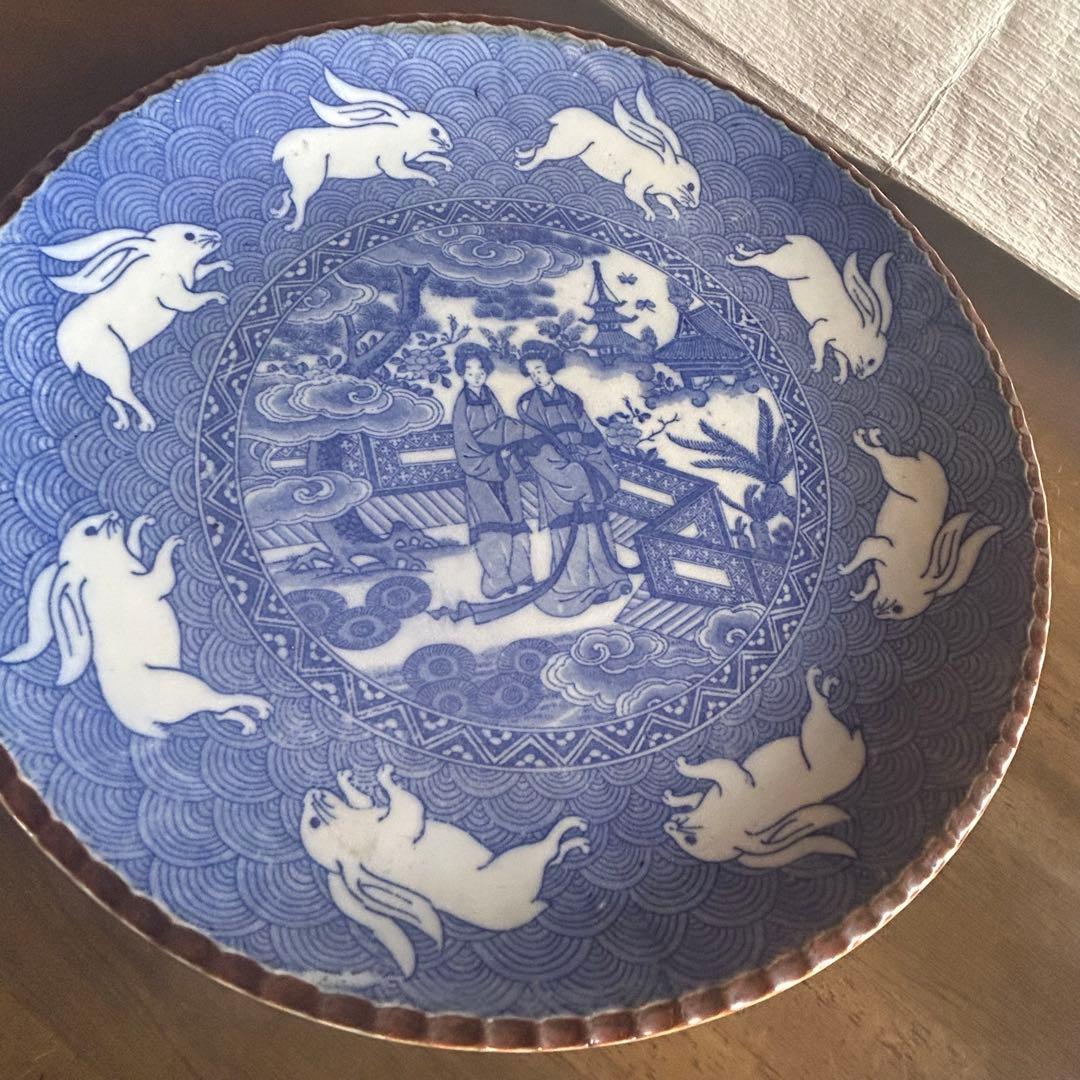 伊万里焼 染付 印判 波乗りうさぎ 明治時代 中国美人画 コレクター収集品