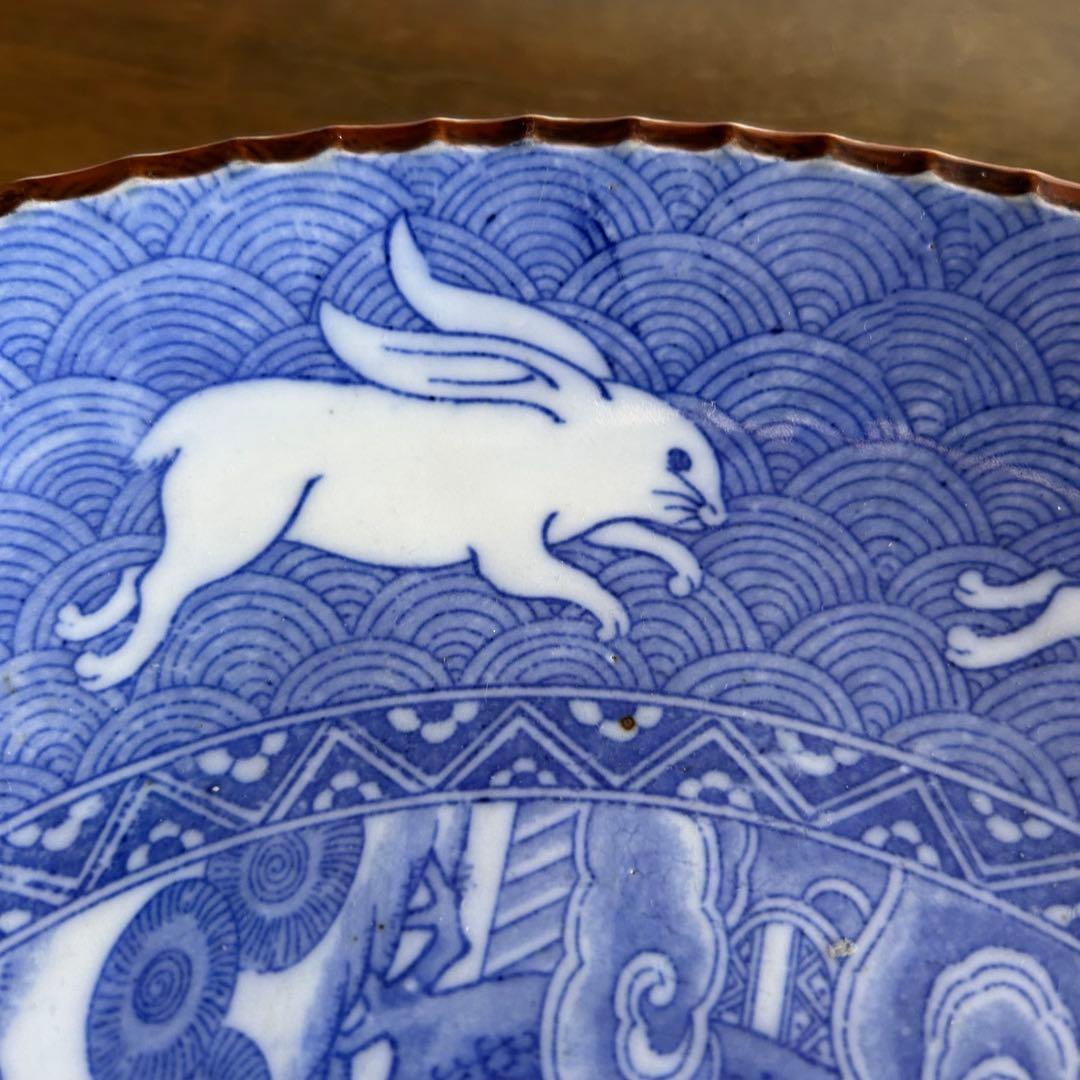 伊万里焼 染付 印判 波乗りうさぎ 明治時代 中国美人画 コレクター収集品