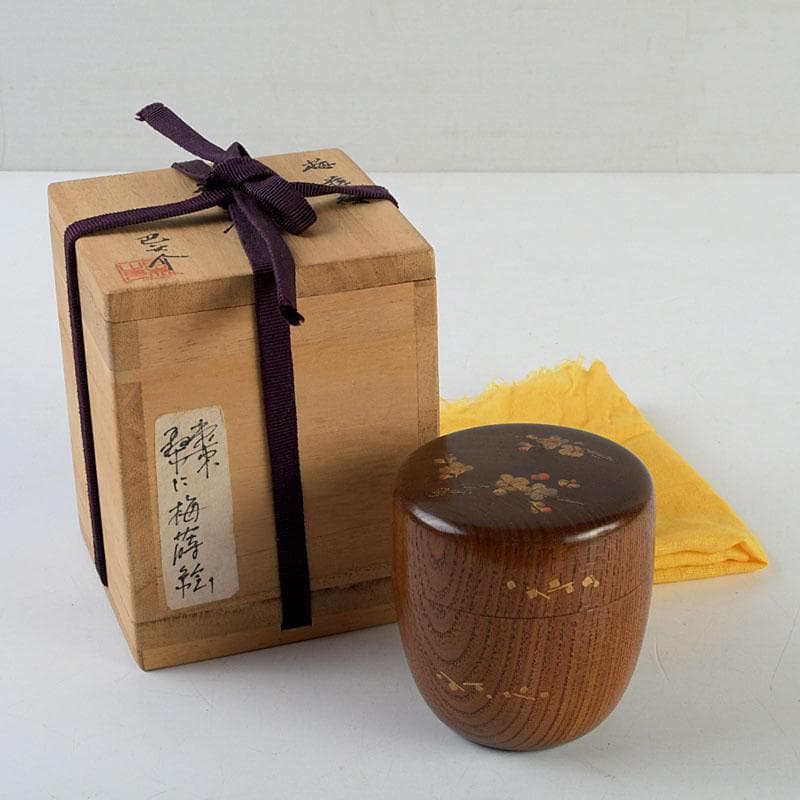 茶道具　山中漆器　中川巴之介作　桑製　梅蒔絵　棗　共箱　V　9321