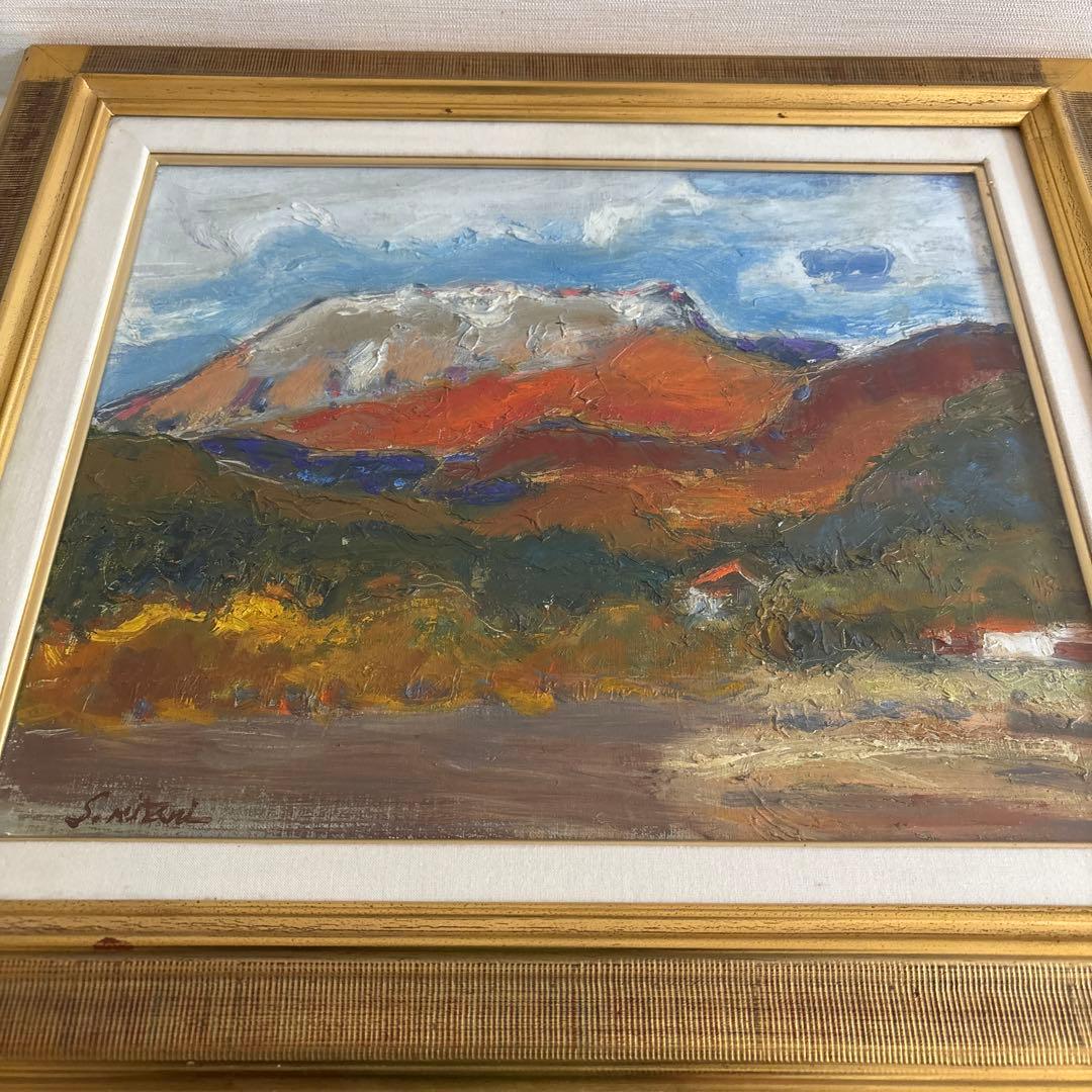 光風会所属 神谷昇子 大山の風景 油彩画 金色フレーム