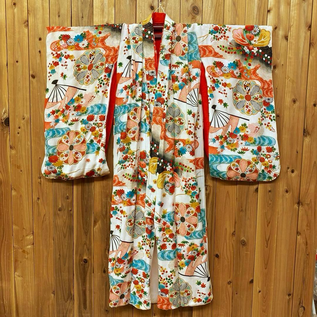 女の子 正絹 着物 七五三 七草 晴れ着 総柄 和柄 レトロ