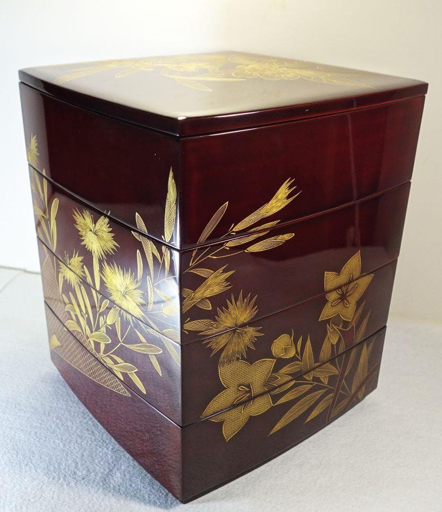 輪島塗 四季草花文様 四段重箱