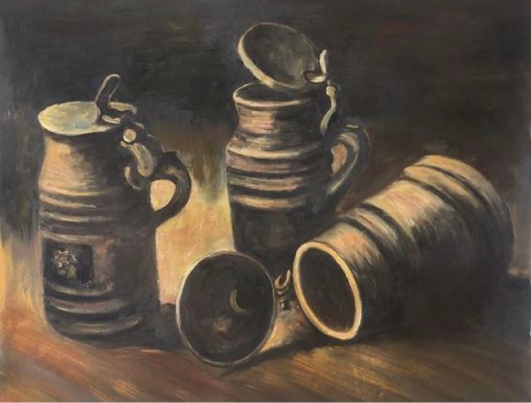 肉筆☆油絵☆F20号『三つのビールジョッキ』ゴッホ/模写