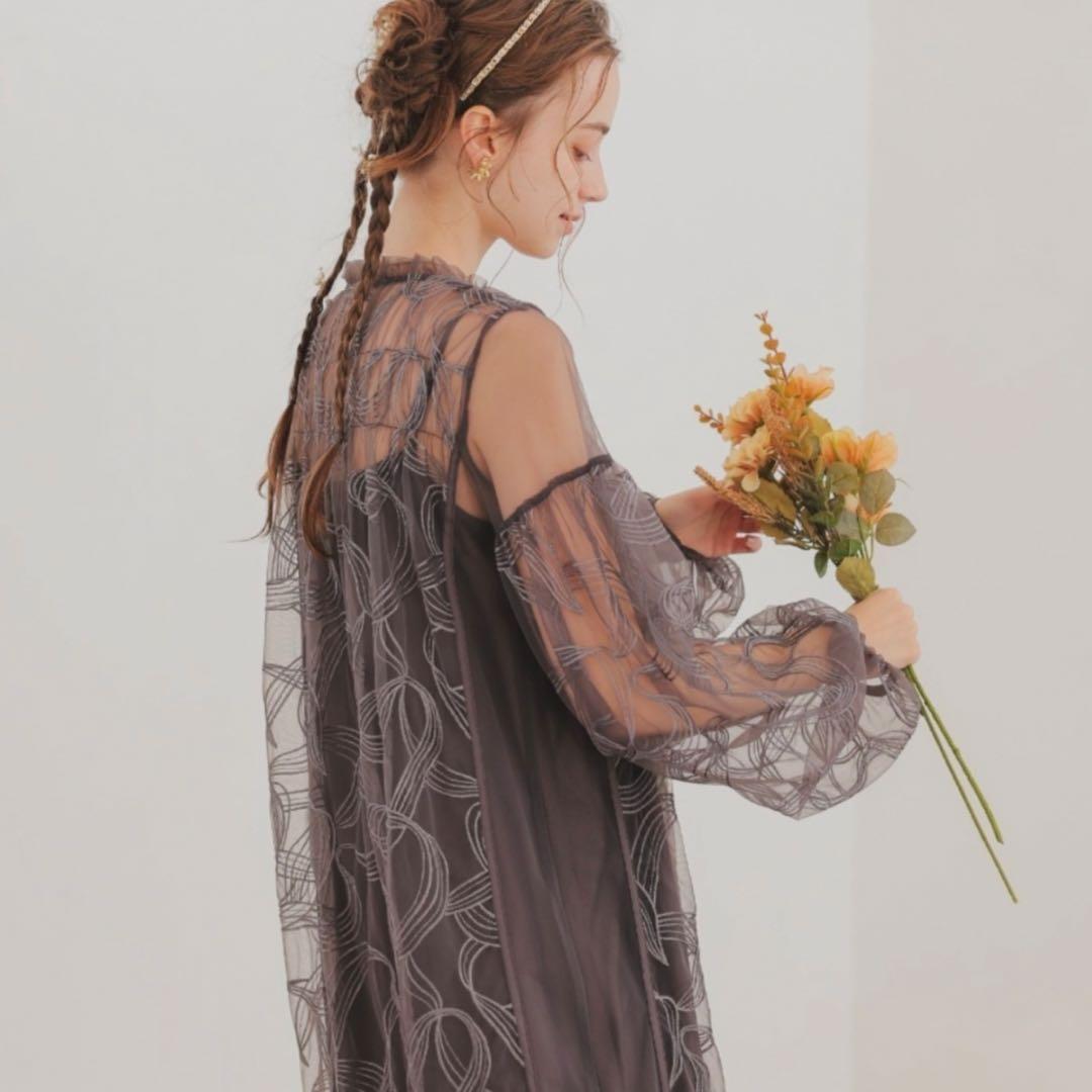 リボン刺繍ギャザードレス Dorry Doll チャコール