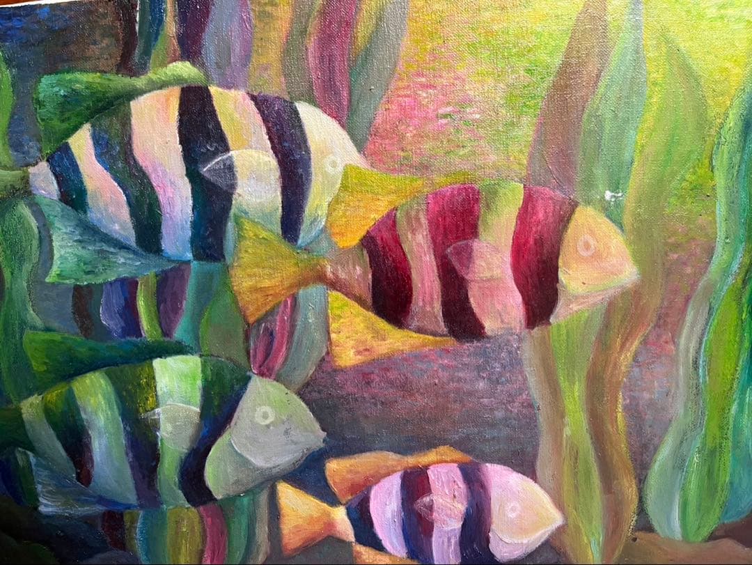 油彩画 魚の群れ