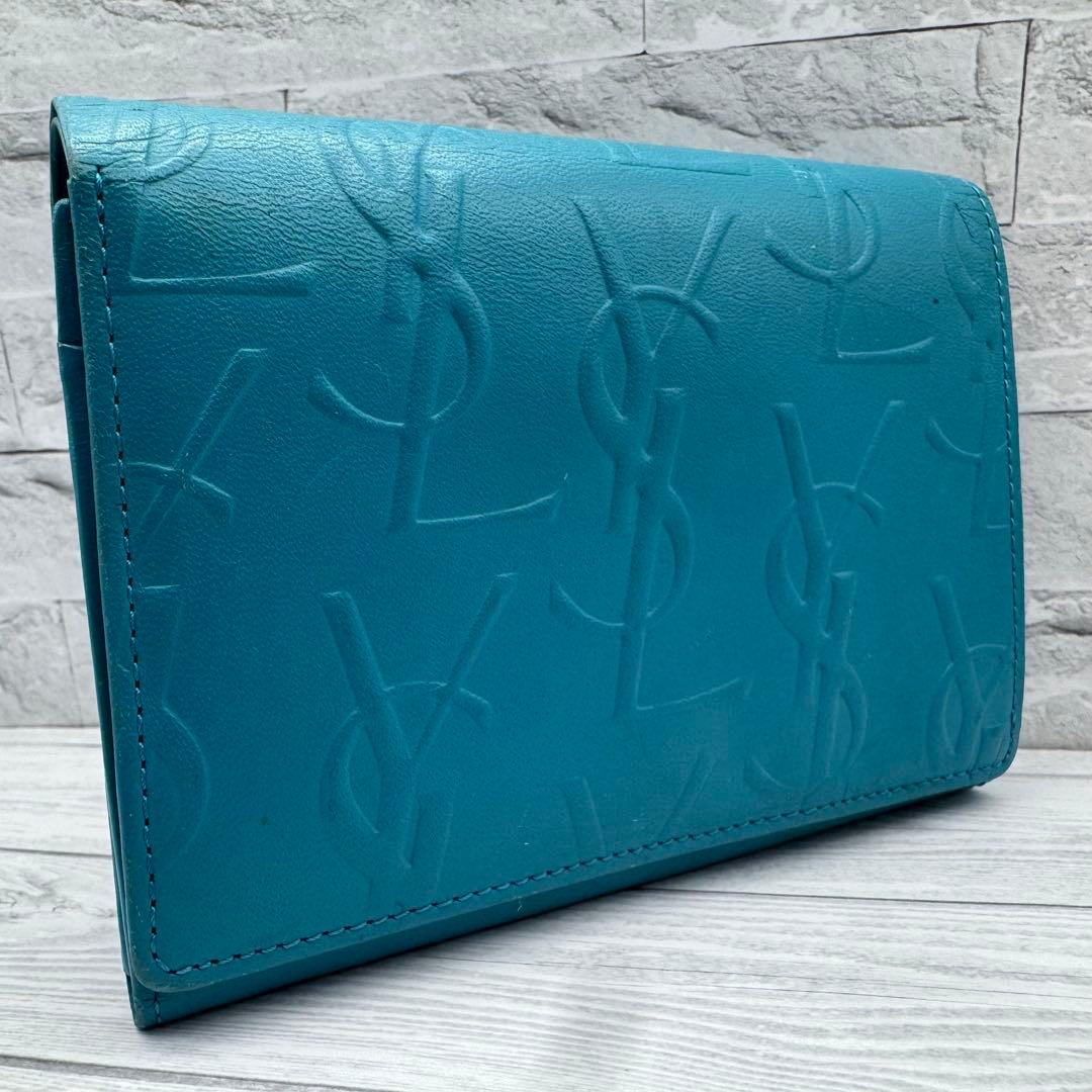 Yves Saint Laurent　二つ折り財布　レザー　ターコイズブルー