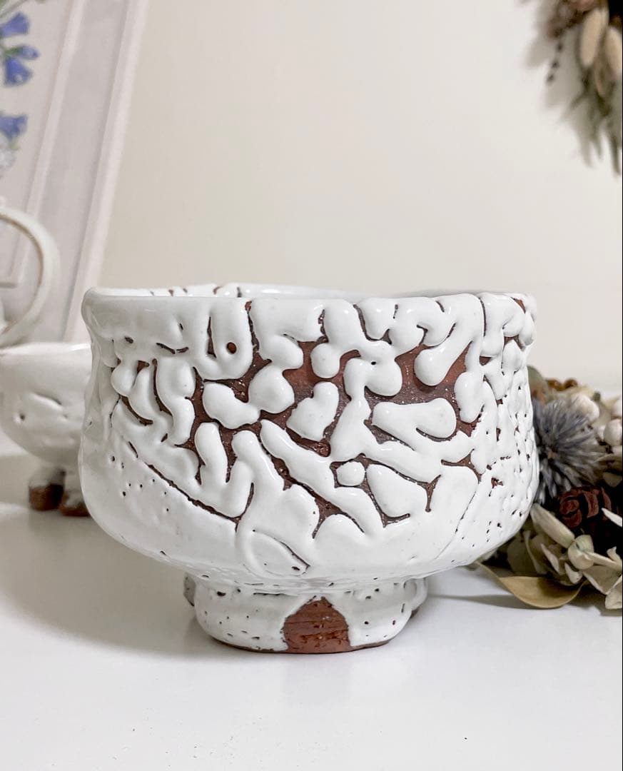 萩焼　山根清玩　鬼萩　抹茶椀　新品　光彩庵　茶碗　陶器　白萩　割高台　梅花皮